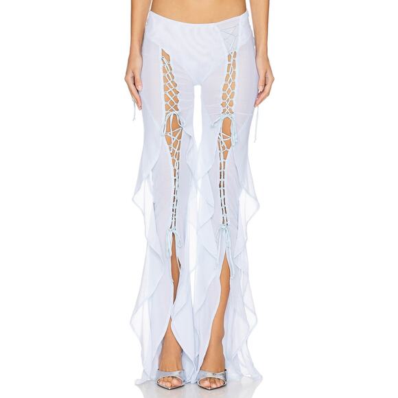 AMOR MIA Meta Angel Pants Sheer Lace Up Ruffle Boho Chic Festival Powder Blue SM - Picture 1 of 16
